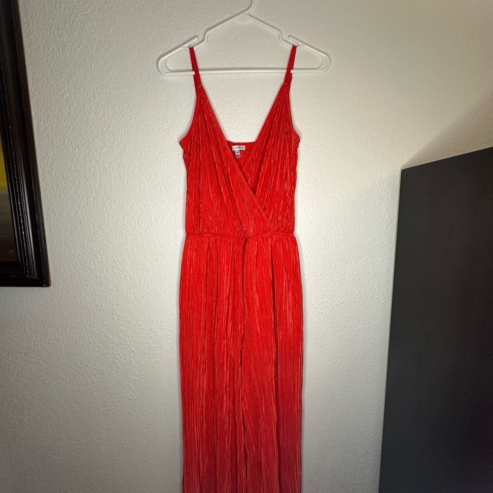 Pleated Jumpsuit with V Neck, Waist Elastic, Built In Shorts, Adjustable Straps